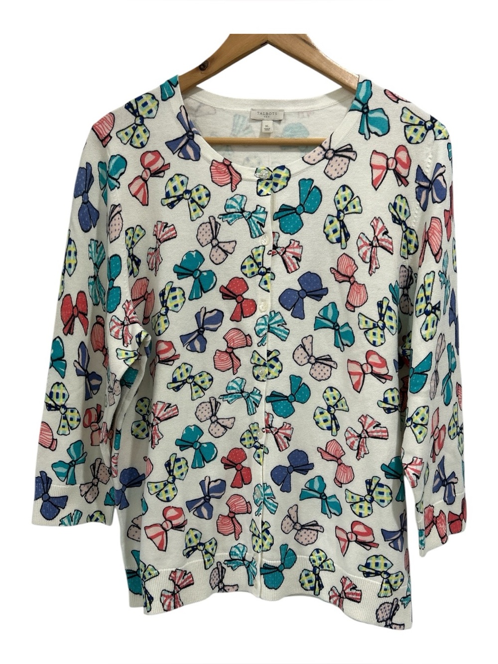 NWT Talbots Colorful Bow Print Cotton Lightweight Cardigan Sweater - Size XL